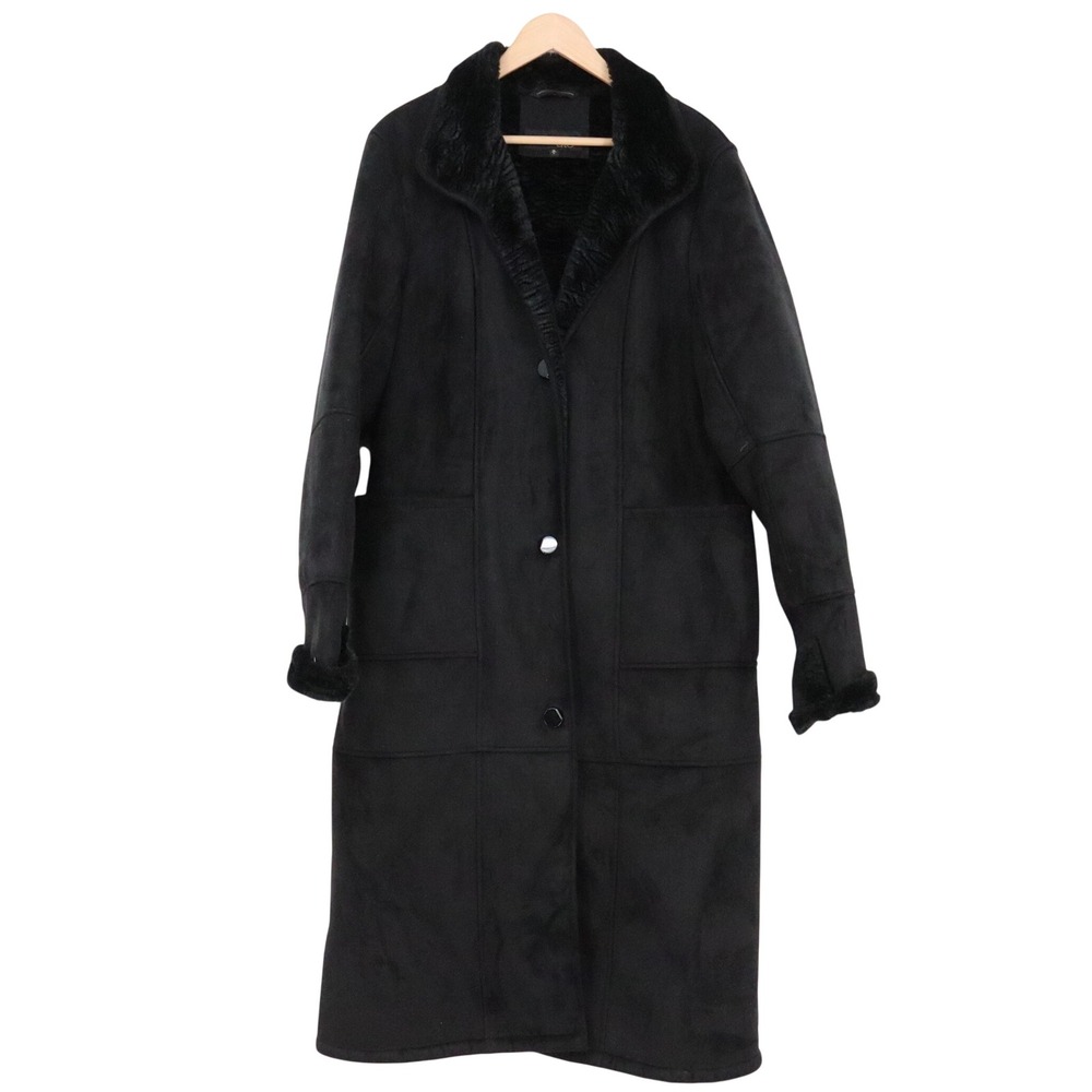 Utex Coat Womens L Faux Suede Fur Lined Longline Black Pockets Excellent
